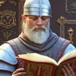 Firefly caballero medieval parecido al cid y con aspecto antiguo leyendo un manuscrito 5967 e1696173555498