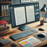 un ordenador y un raton en una mesa de estudio con un documento de texto en la pantalla